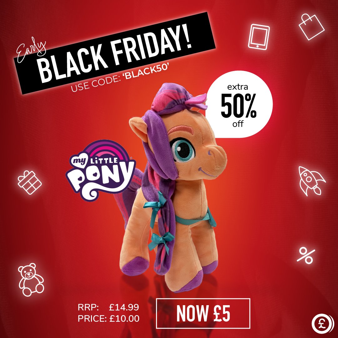 An offer you don’t want to miss ⚠️

The new to PoundToy, My Little Pony 12” Plush is now in our Black Friday sale! This means you can now get this plush for just £5, RRP £14.99 😱

If your little one loves My Little Pony, add this to your basket today 🦄
bit.ly/3fABYbl
