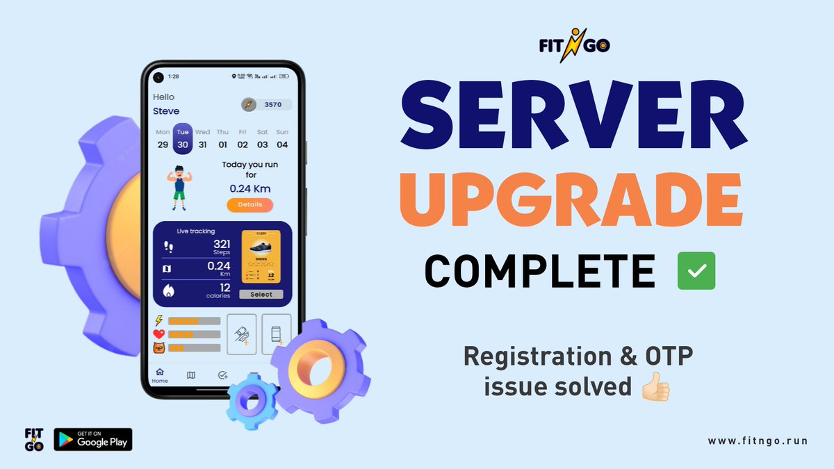 Fit N Go app server is successfully upgraded 🎉

✅ Registration and OTP issue solved.
click Forgot Password from sign in page if you are facing this issues:
-Something went wrong
-Email or Device already registered

🎁 Thank you for being patience.
Invite Friends and earn 50 FNG