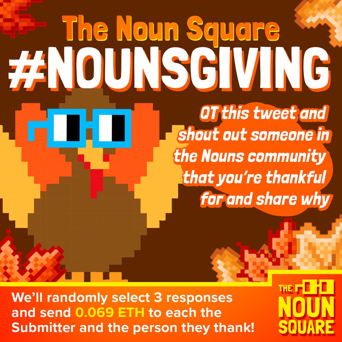 zerorightsmedia's tweet photo. 🍂 Happy Thanksgiving to all celebrating! 🍂

Let's have a little good-vibes contest:

QT this tweet with #Nounsgiving and shout out someone in @nounsdao that you are thankful for, and why!

Tomorrow on NOC we'll draw 3 winners and give 0.069 ETH to them AND their nominees! https://t.co/fnrbThyQC6