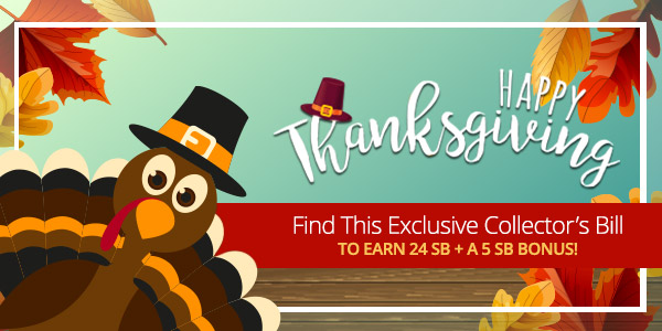Swagbucks's tweet photo. Happy Thanksgiving from Team Swagbucks 🦃🥧 

We hope you have a great day spent with your family and friends and amazing food!

To celebrate, we have an exclusive Collector's Bill worth 24 SB + a 5 SB Bonus. Click the link below for your chance to win:

https://t.co/MPWAH1UTrk https://t.co/Gcglscpqfa