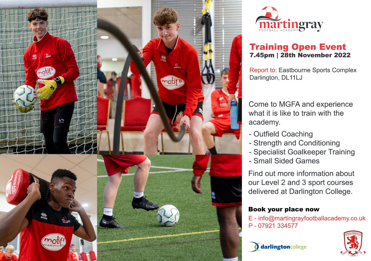 MGFA TRAINING OPEN EVENT!! Come along and get the full Academy experience and learn more about the Level 2 and 3 Sports courses delivered with Darlington College!

Book your place now- Please see flyer for details👍