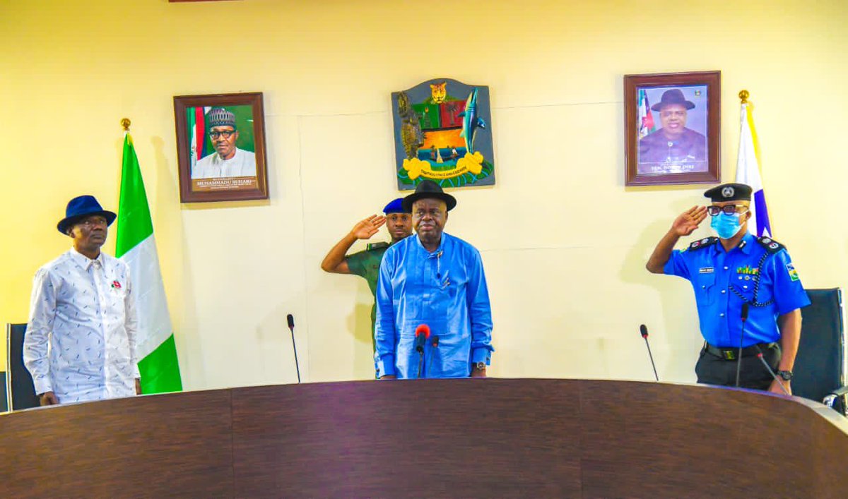 govdouyediri's tweet photo. Today, I presided over the 20th State Security Council Meeting where we reviewed the security situation in the state during the ravaging flood. I used the opportunity of the meeting to appreciate the security agencies for the sustained improvement in our security situation. https://t.co/qQcY2A6SP5