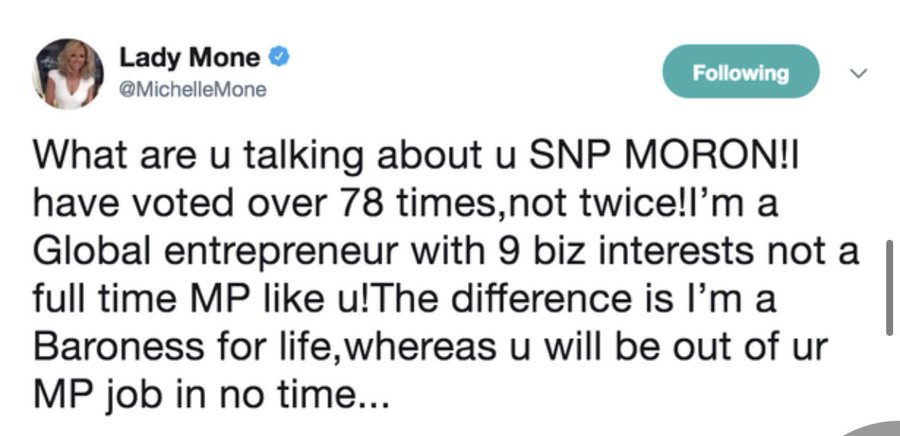 Tom___Scott's tweet photo. Michelle Mone boasted that, unlike MPs, "I'm a Baroness for life".

Perhaps she'd forgotten the House of Lords (Expulsion &amp; Suspension) Act, which enables the HoL to expel members for conduct committed after the Act came into force in 2015.

Shouldn't it be used now? https://t.co/zgdVriGSev