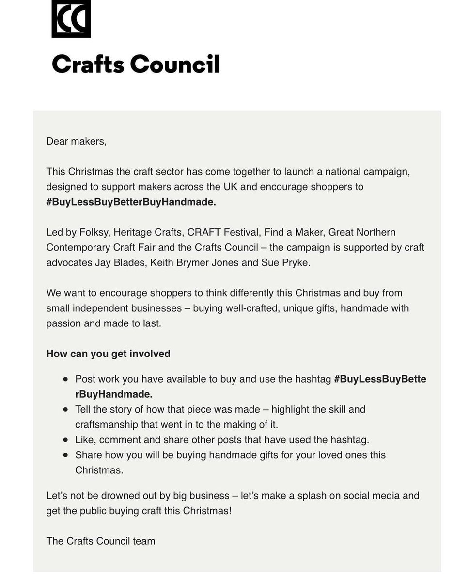 #BuyLessBuyBetterBuyHandmade an initiative by @CraftsCouncilUK @folksy @MadebyHandEng @GNCCF @heritage_crafts ❤️