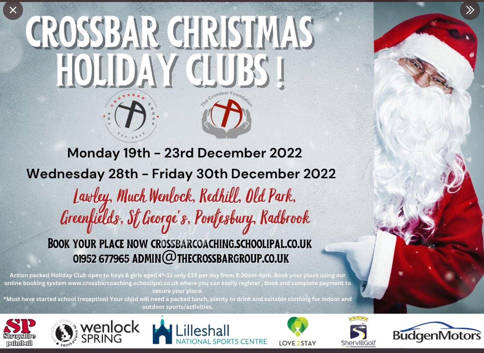 RadbrookSchool's tweet image. CROSSBAR CHRISTMAS
HOLIDAY CLUBS!
Monday 19th - 23rd December 2022
Wednesday 28th - Friday 30th December 2022 #Crossbar