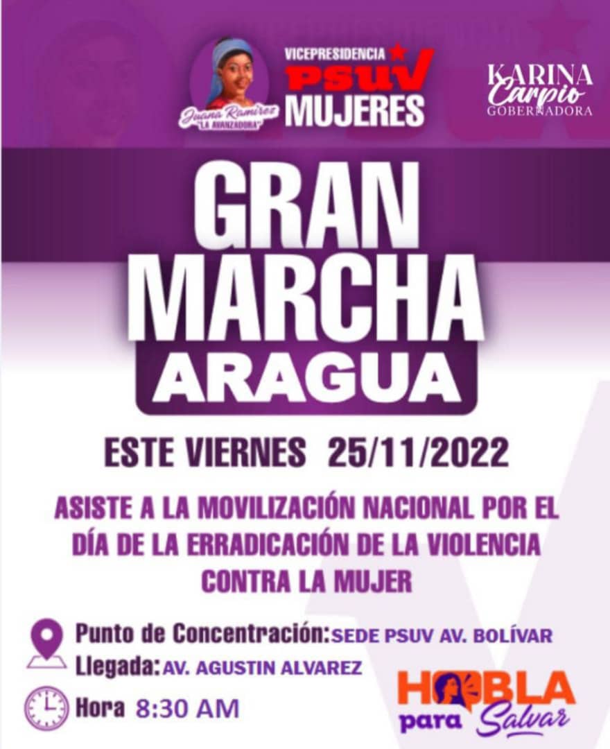 #24Nov// El Dia de mañana estaremos junto a nuestra Gob <a href="/Soykarinacarpio/">Karina Carpio</a> en la GRAN MARCHA ARAGUA por el día de la Erradicación de la Violencia contra la Mujer
<a href="/NicolasMaduro/">Nicolás Maduro</a>
#LinaresModernoYProductivo
#1AñoLinaresRebelde
#BuenVivirPorElPueblo