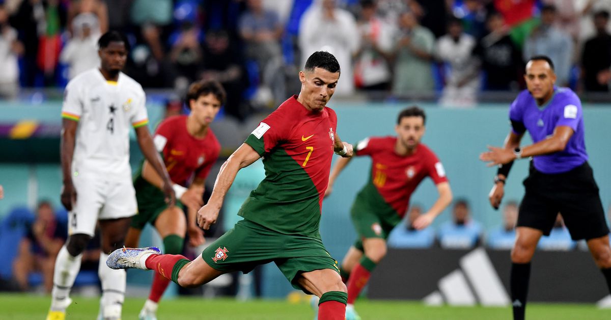 Reuters's tweet photo. Portugal's Ronaldo is first player to score in five World Cups after goal v Ghana https://t.co/ZdpIey33xz https://t.co/0NQW2rXQ8u