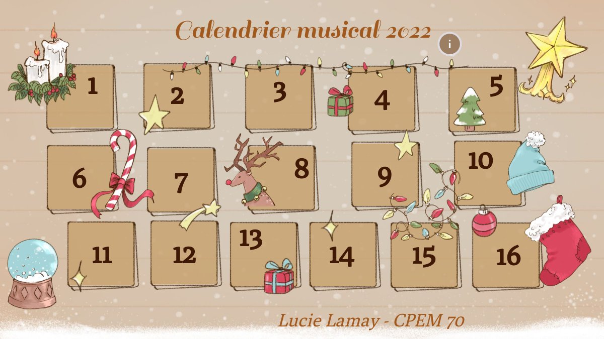 Le calendrier musical 2022 est arrivé.🥳 1 case par jour en décembre, jusqu'aux vacances. 3 oeuvres, 5 versions différentes de chaque. Je vous souhaite de belles découvertes musicales 🎶 <a href="/DSDEN70/">DSDEN de la Haute-Saône</a> 
view.genial.ly/6373ac89e958b8…