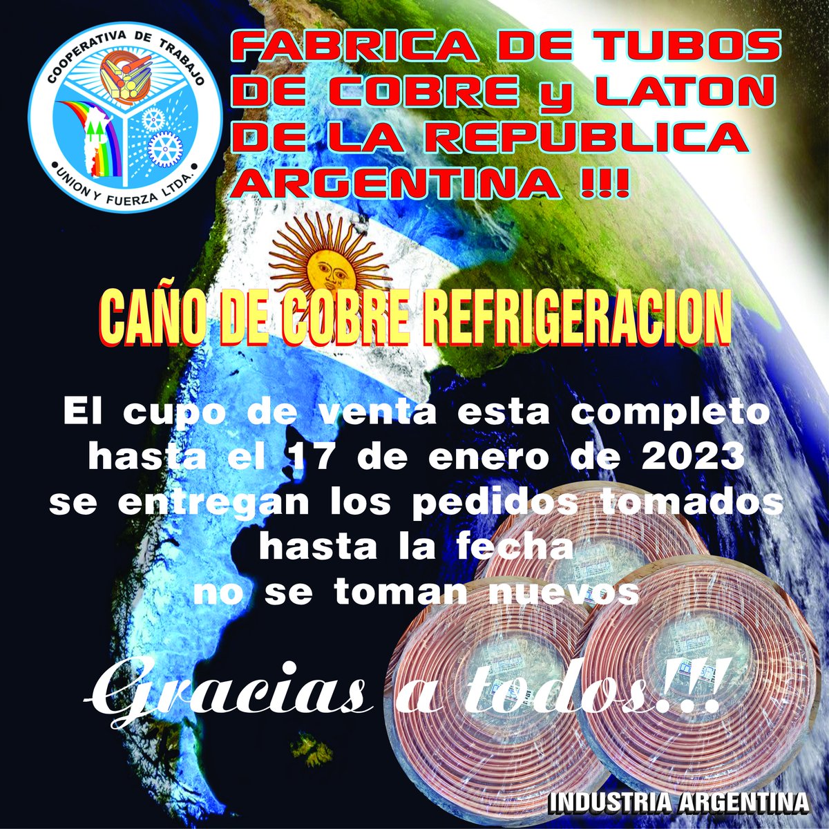 CUnionyfuerza's tweet photo. #Desencantada 
Fabrica de Tubos de Cobre y Latón de la Republica Argentina
Tubos, Caños Cobre refrigeración
whatsapp 1132142041
ventasuyf@gmail.com
https://t.co/hqOzdmMqpS
Ubicanos en google maps: 8JFV+MM Avellaneda
Provincia de Buenos Aires https://t.co/9HiYMGsLs0