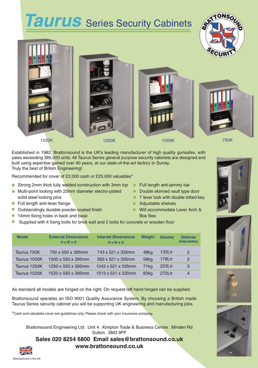 * NEW SECURITY CABINET RANGE NOVEMBER 2022 *

Head over to our website simplysafes.co.uk/catalogsearch/… to have a look at the new Brattonsound Taurus range!

Please contact us on 0800 026 2677 or email us info@simplysafes.co.uk