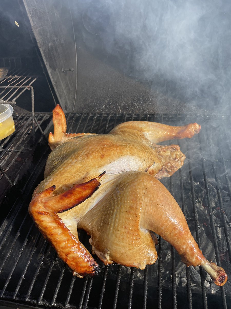 pcocklin's tweet photo. @chefsymon spatchcocked turkey with orange marinade on the grill! https://t.co/9zJuepAxzs