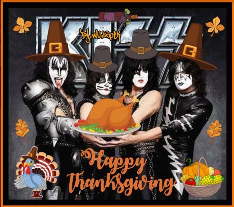 kiss's tweet photo. We wish everyone a wonderful Thanksgiving! We are so thankful for our familes, friends and fans. Let us all thank our brave men and women in the military who serve and sacrifice. #HappyThanksgiving2022 https://t.co/Nc5crS0BXz