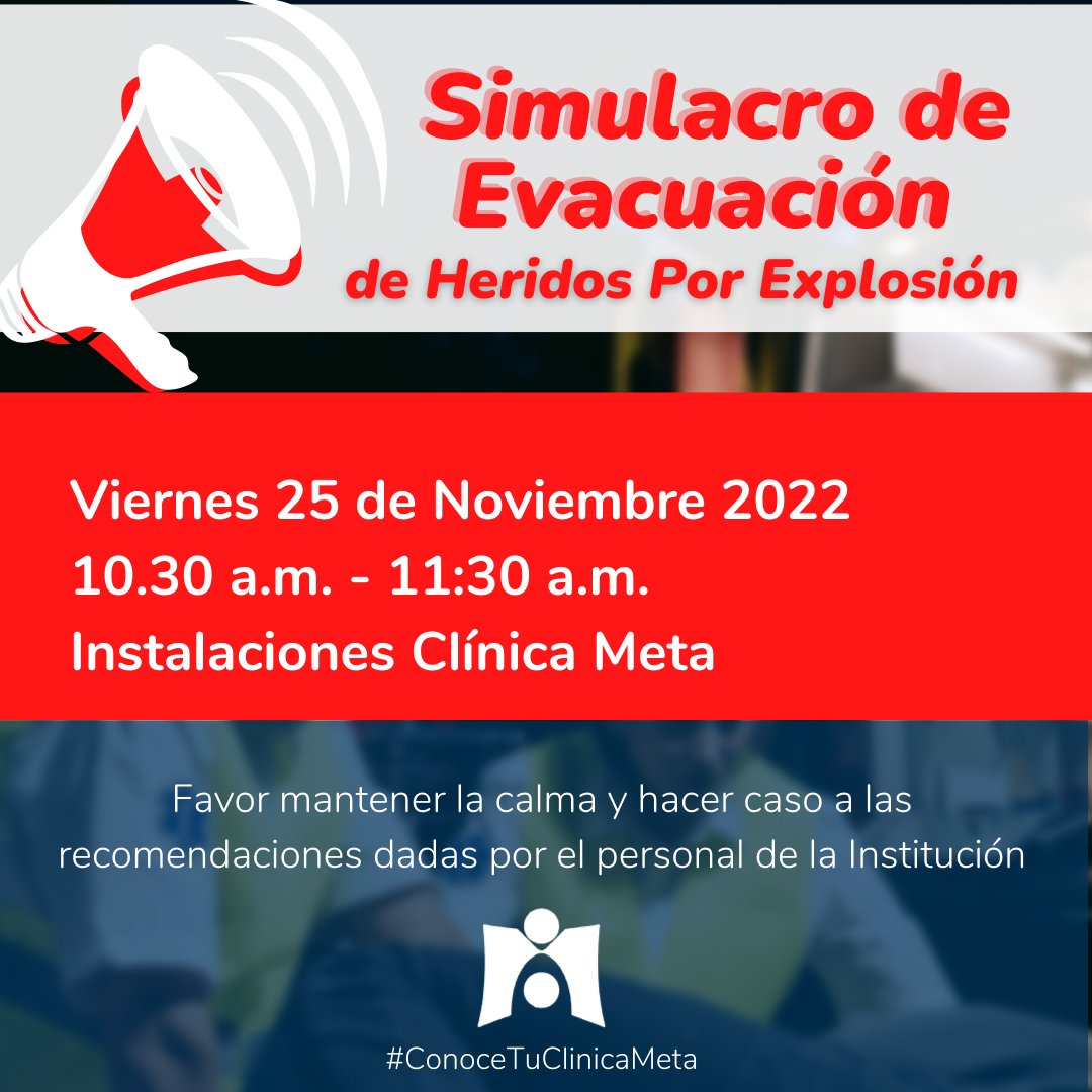 Se informa a nuestros pacientes que el próximo viernes 25 de noviembre de 2022 se realizará el Simulacro de Evacuación de Heridos por Explosión, el cual comenzará a partir de las 10:30.   Solicitamos mantener la calma y hacer caso de las recomendaciones de los funcionarios.