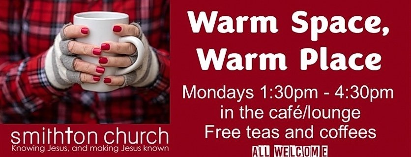 ***New***
As the weather cools ❄️..starting next Monday we start offering a weekly warm space in a warm place...come join us for some warmth ❤️, company, tea and coffee ☕...all very welcome! 
We look forward to seeing you! 😊 #warmspace #warmplace 👇