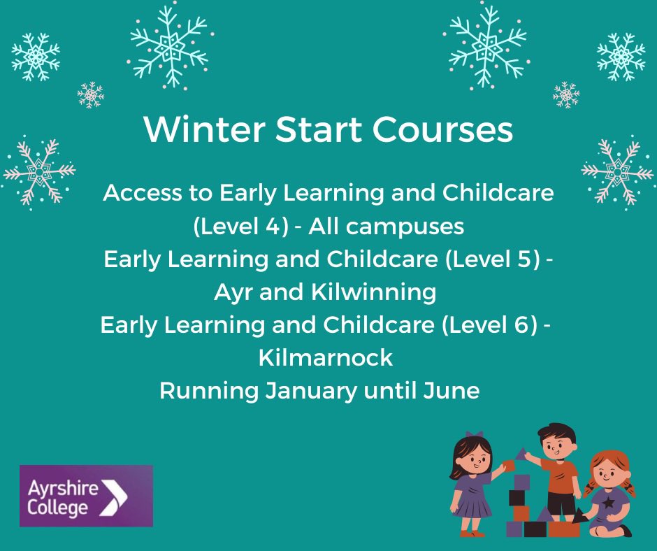 Starting 23rd January, our Early Learning and Childcare Winter start courses are open for applications across Ayr, Kilmarnock and Kilwinning campus. Follow the link for more info
www1.ayrshire.ac.uk/course-search/…