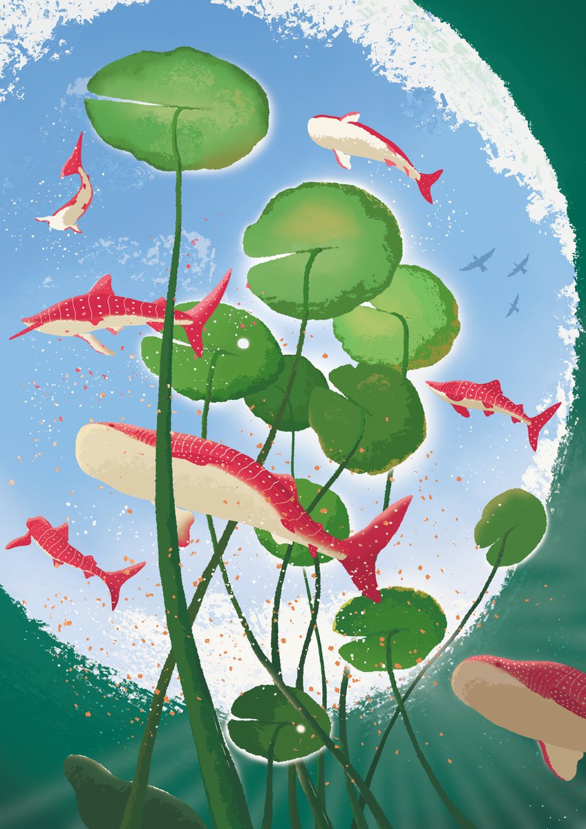 「Whale sharks and the lillies  」|Jacek Matysiak 🦛 open for commissionsのイラスト