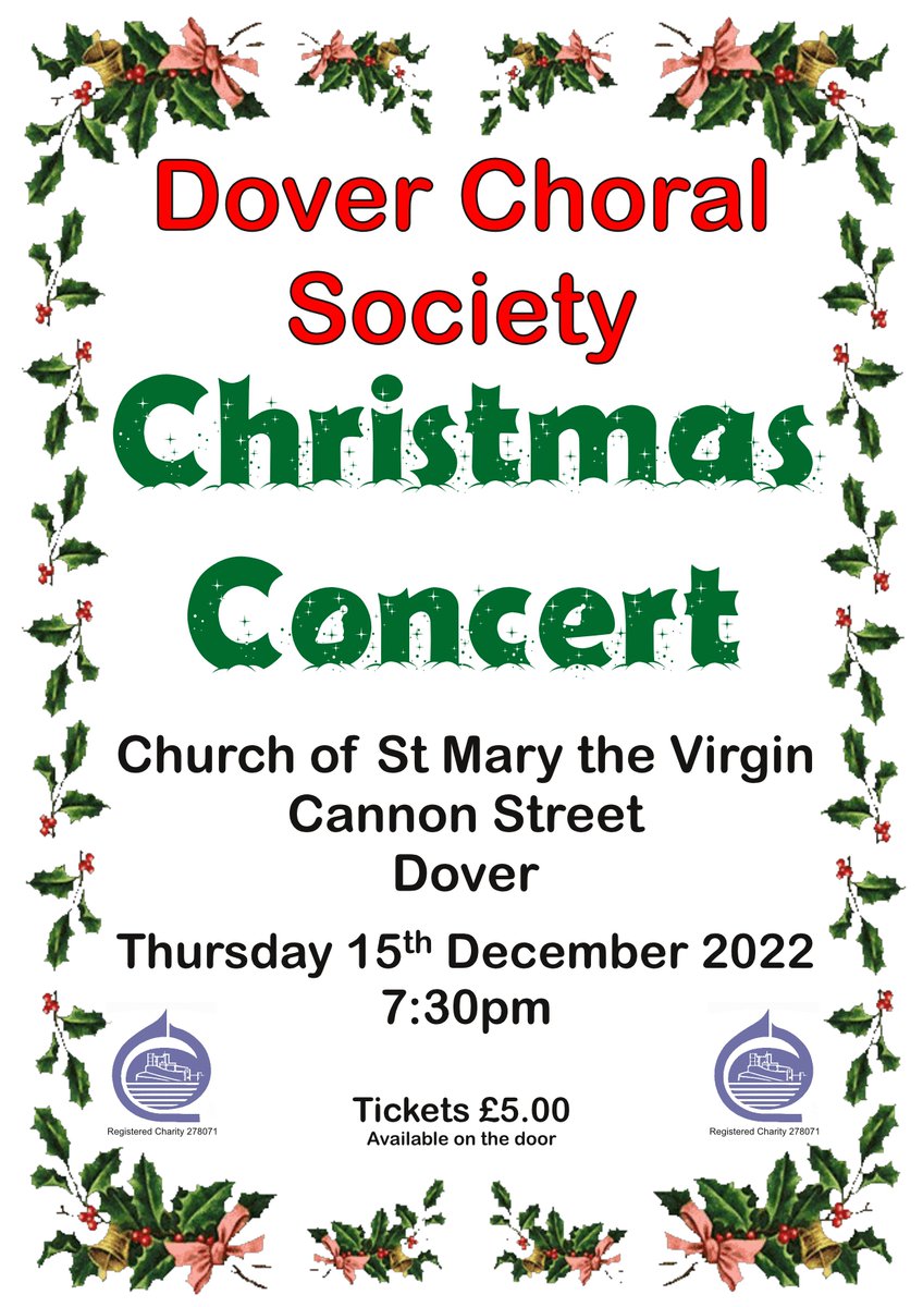 Come and join Dover Choral Society for our annual Christmas Concert where we will be singing many well-known carols to get you in the Christmas spirit!
Tickets are £5 and are available on the door.
The concert is at the St. Marys in Dover and starts at 19:30 on 15th December 2022