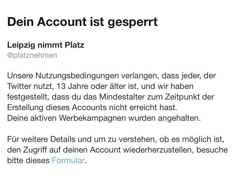 Unser Twitter-Account <a href="/platznehmen/">Leipzig nimmt Platz</a> wurde gesperrt. Angeblich, weil wir noch nicht alt genug seien. Beschwerde bei Twitter wurde eingereicht.

Ab jetzt wird es vorübergehend hier aktuelle Infos aus dem Aktionsnetzwerk und v.a. zu #le2611 geben!