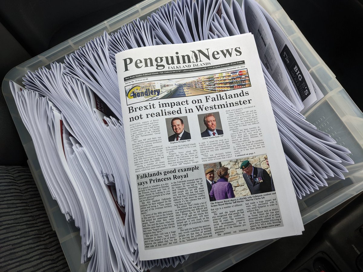 My words on front page of @PenguinNewsFI this week. An interview with visiting Falklands APPG members @SDoughtyMP and @JamesSunderl on how the effects of #Brexit on the #Falklands weren't especially considered in @UKParliament.