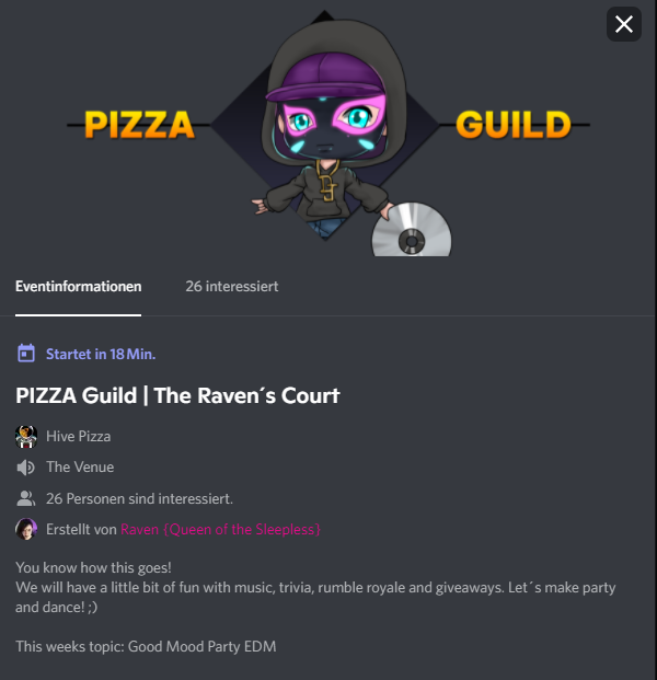 RavenMus1c's tweet photo. TodayΒ΄s Raven Court starts now! π₯³ Join the PIZZA Discord for some music and fun! <3 https://t.co/lxPsFX0Dhm #hivepizza #pizzadiscord #pizzacommunity #ravenscourt #musicshow #cryptomusic #blockchainartist #blockchainmusician #hivemusic #hivemusician #hiveartist https://t.co/SmdfP92u4F