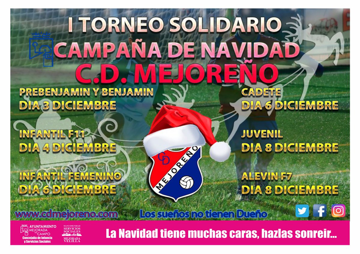mejoradavelilla's tweet photo. TORNEO SOLIDARIO DE FÚTBOL EN LA #CAMPAÑADEREYES
El Club Deportivo @CDMEJORENO colabora con esta Campaña:
✳️3 de diciembre: prebenjamin y Benjamin
✴️4 de diciembre: infantil F11
✳️6 de diciembre: infantil femenino y cadetes
✴️8 de diciembre: juvenil y alevín F7
#deportesolidario https://t.co/5bQPiPvceB
