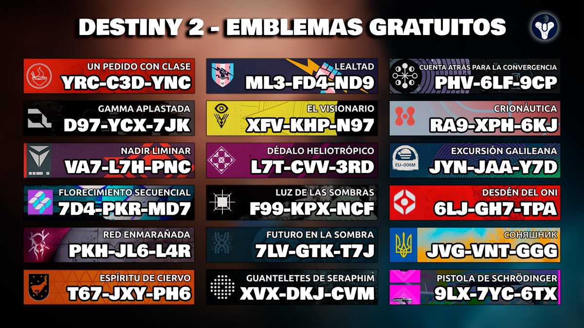 Todos los códigos de Emblemas Gratuitos (Actualizado) | #Destiny2

🔗Bungie.net/redeem