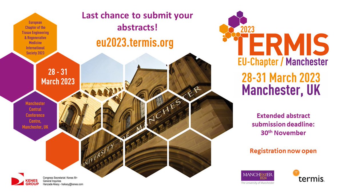 Don't forget to send in an abstract for <a href="/EuTermis/">TERMIS-EU</a> 2023 in Manchester! Deadline is extended till 30th of November. #biomaterials #tissueengineering #regenerativemedecine