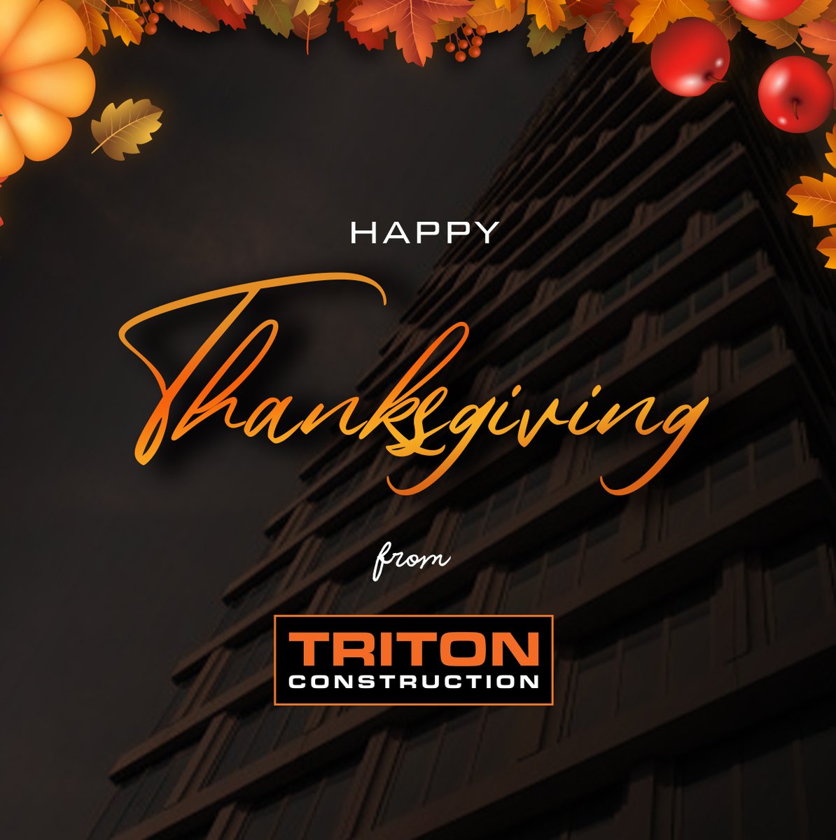 TritonConstruct's tweet photo. From our family @tritonconstruction_
to yours…Wishing everyone a wonderful Thanksgiving full of love and joy. #Tritonconstruction #Triton #Construction #ConstructionManagement #Thanksgiving #Love #Joy #Family #2022 #GeneralBuilders https://t.co/rvs6RmQKzc