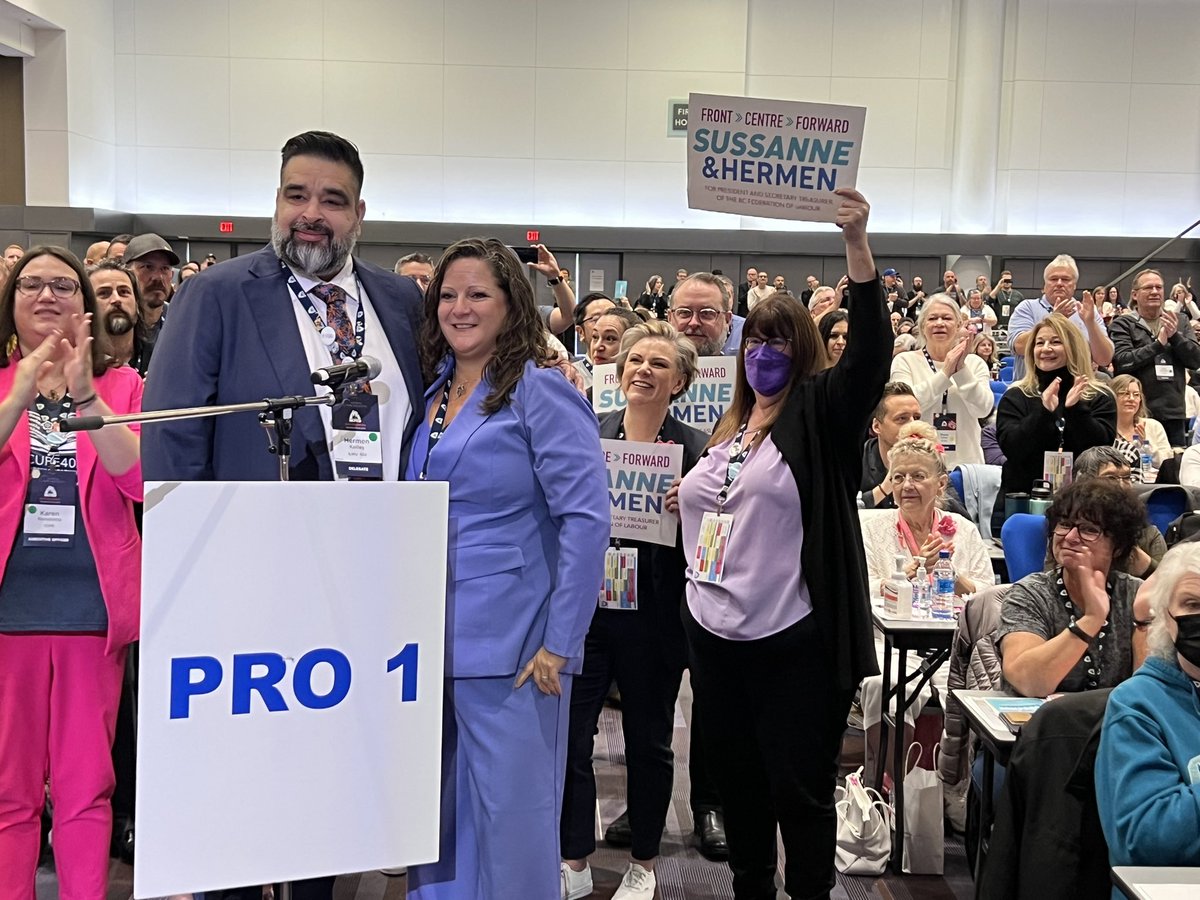 steph_smith303's tweet photo. Proud to witness glass ceilings shattering in the House of Labour—@SussanneRS becoming the 1st out queer @bcfed prez &amp; @HKailley75 the 1st sec-treas of South Asian heritage (&amp; reclaiming his name Hermender) ✊🏻 #bclab @bcgeu https://t.co/dwGq2RNVSA