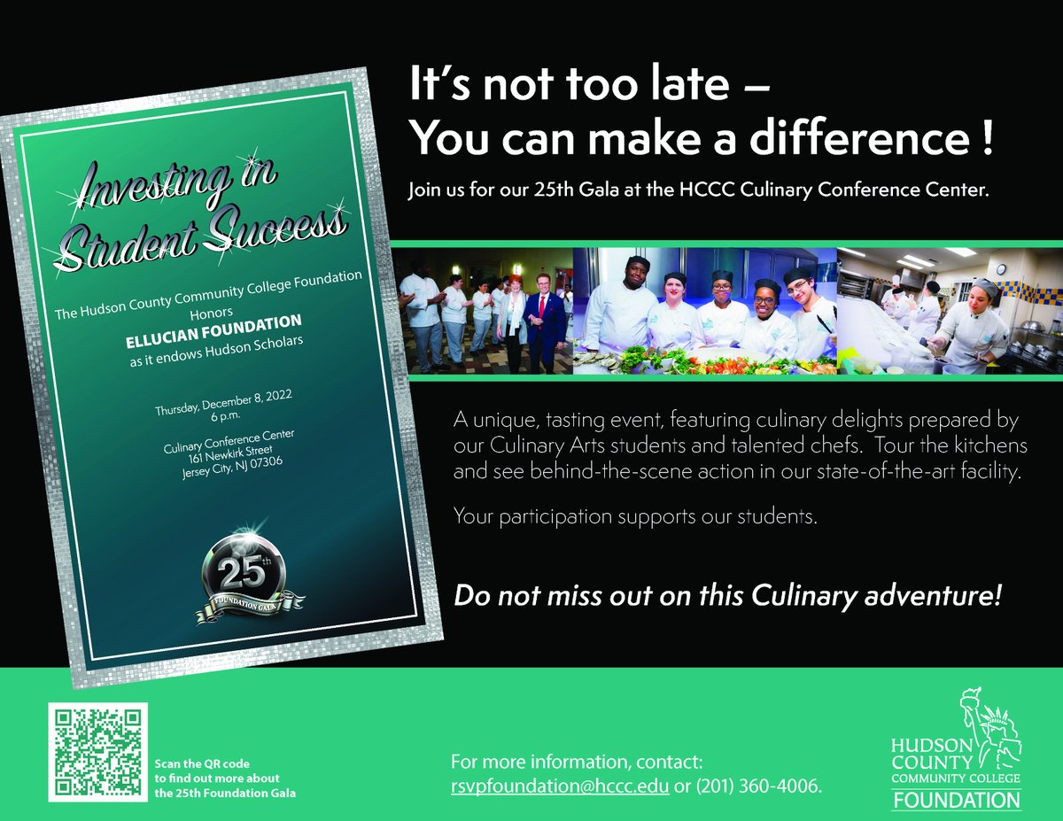 HudsonCCC's tweet photo. You can make a difference! Join us for the 25th Annual HCCC Foundation Gala - Investing in Student Success - this year honoring the Ellucian Foundation #HCCCFoundation #HCCCFall2022 #MakeADifference #CulinaryAdventure https://t.co/uxZXqmH8ln