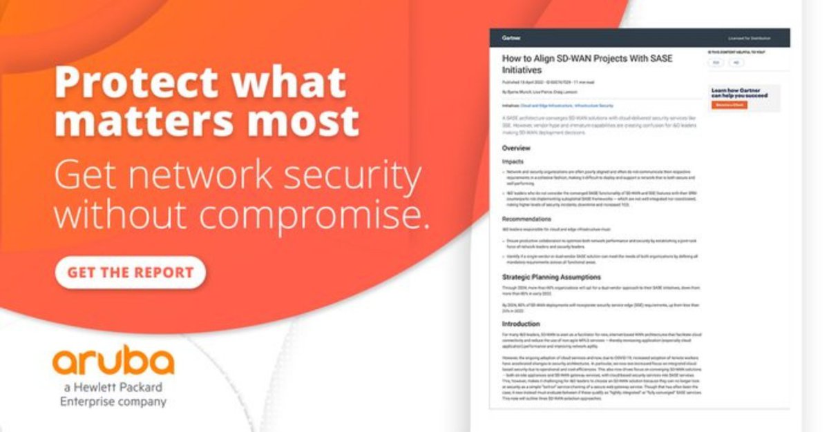 According to Gartner®, “Choosing a single-vendor SASE solution is challenged by the lack of solutions that offer ‘best of breed.’” But you don't have to compromise networking capabilities for security. 

Get the report: hpe.to/6018MKivY