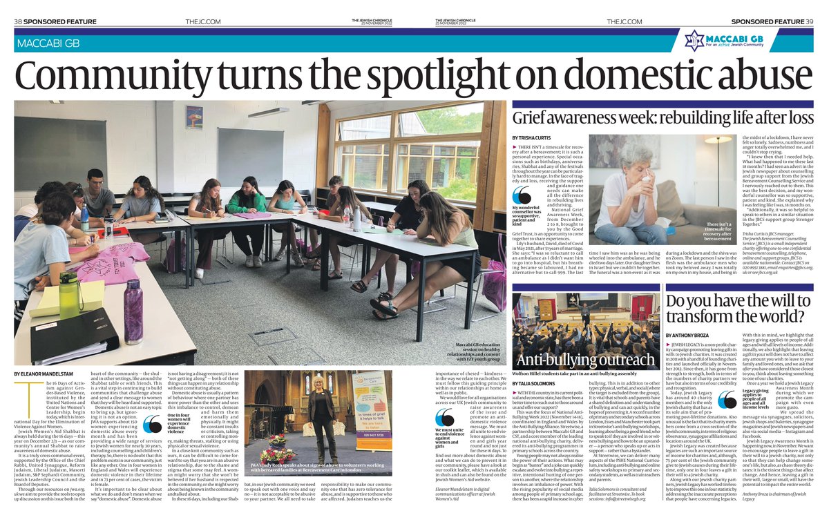 We are delighted to share with you our <a href="/JewishChron/">The Jewish Chronicle</a> double-page spread 📰 

This month's edition features stories on 16 Days of Activism against Gender-Based violence, National Grief Awareness Week, Anti-Bullying Week and Jewish Legacy Giving Month