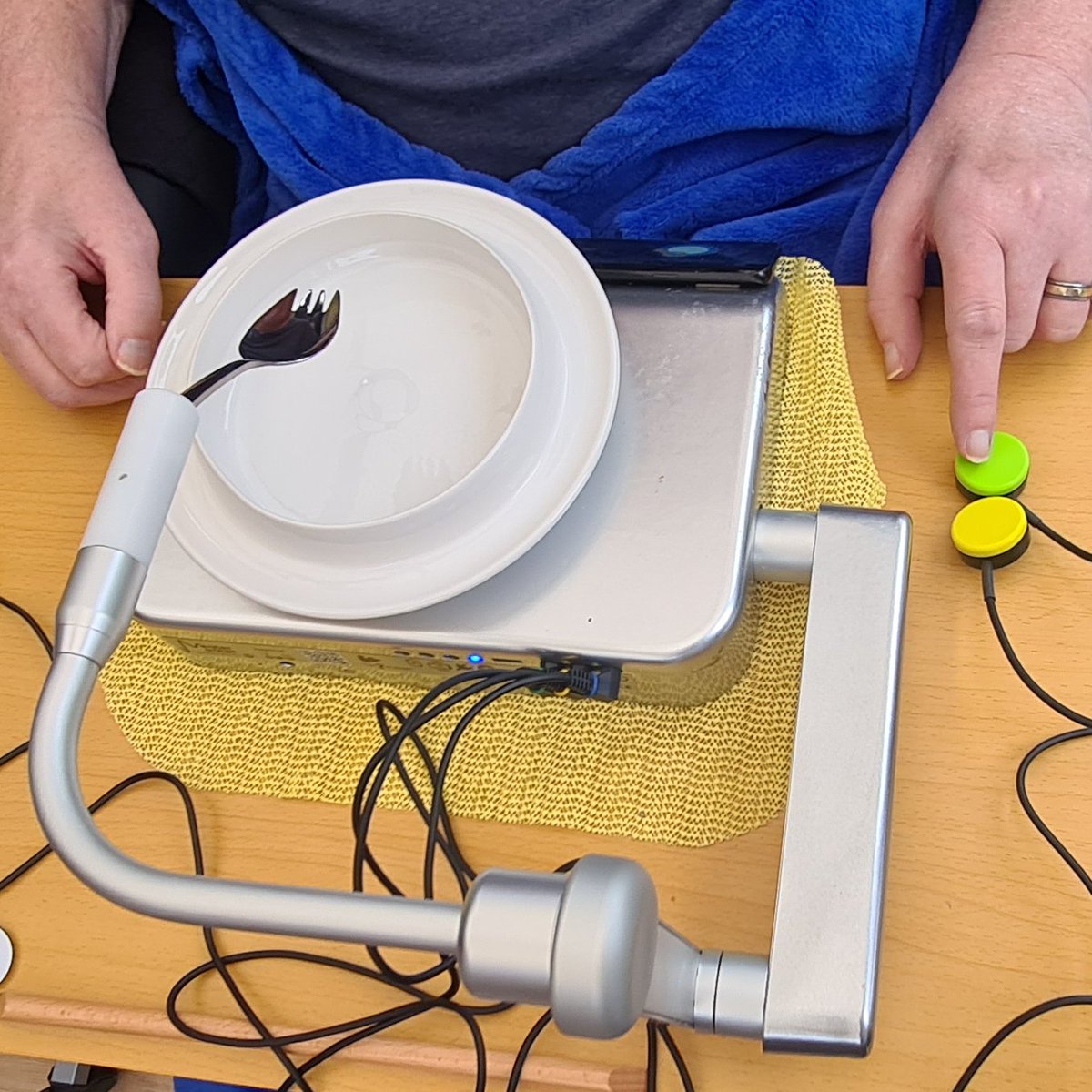 These switches were added to a robotic Neater Eater today by Becky(OT).This was an important adjustment to allow a patient with MND to continue to feed himself independently. He uses the movement in his index finger to press the switch which operates the device⭐️ #patientcentred