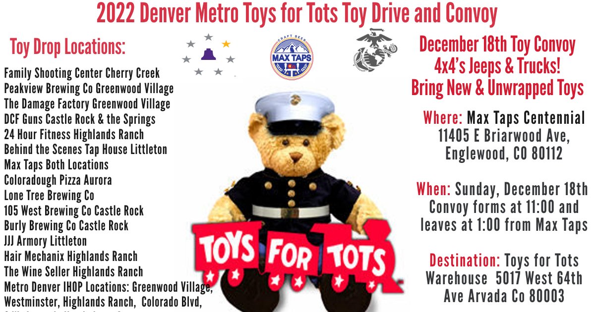 TheHonorBell's tweet photo. December 18th at 11:00, bring your new and unwrapped toys to Max Taps Centennial and join in on the Toys for Tots toy run convoy!
#thehonorbell
#supportveterans
#toysfortots
#maxtaps
#105West
#jjjarmory
#familyshootingcenter
#burlybrewing
#dcfguns
#behindthescenestaphouse https://t.co/3nHXp8hTIt