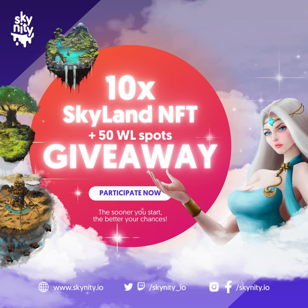 🚨Time for a special #NFTGiveway 🚨

Join the sprint on crew3, complete the daily quests, and win #NFTs!

The sooner you start, the higher your score!⏰

The top 10 will win the SkyLands NFTs and the top 50 WL slots 🏆

Ready, set, go! 👉 skynity.crew3.xyz