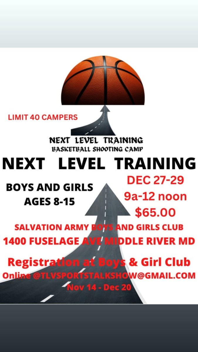 NEXT Level Training Basketball Shooting Camp Scan QR for Registration paid in full $65.00 Dec 27-29 2022 Salvation Army Boys and Girls Club Middle River MD 1400 FUSELAGE AVE Boys and Girls Ages 8-15 For More Info Email tlvsportstalkshow@gmail.com PUT IT IN THE BOOK 💪🏾