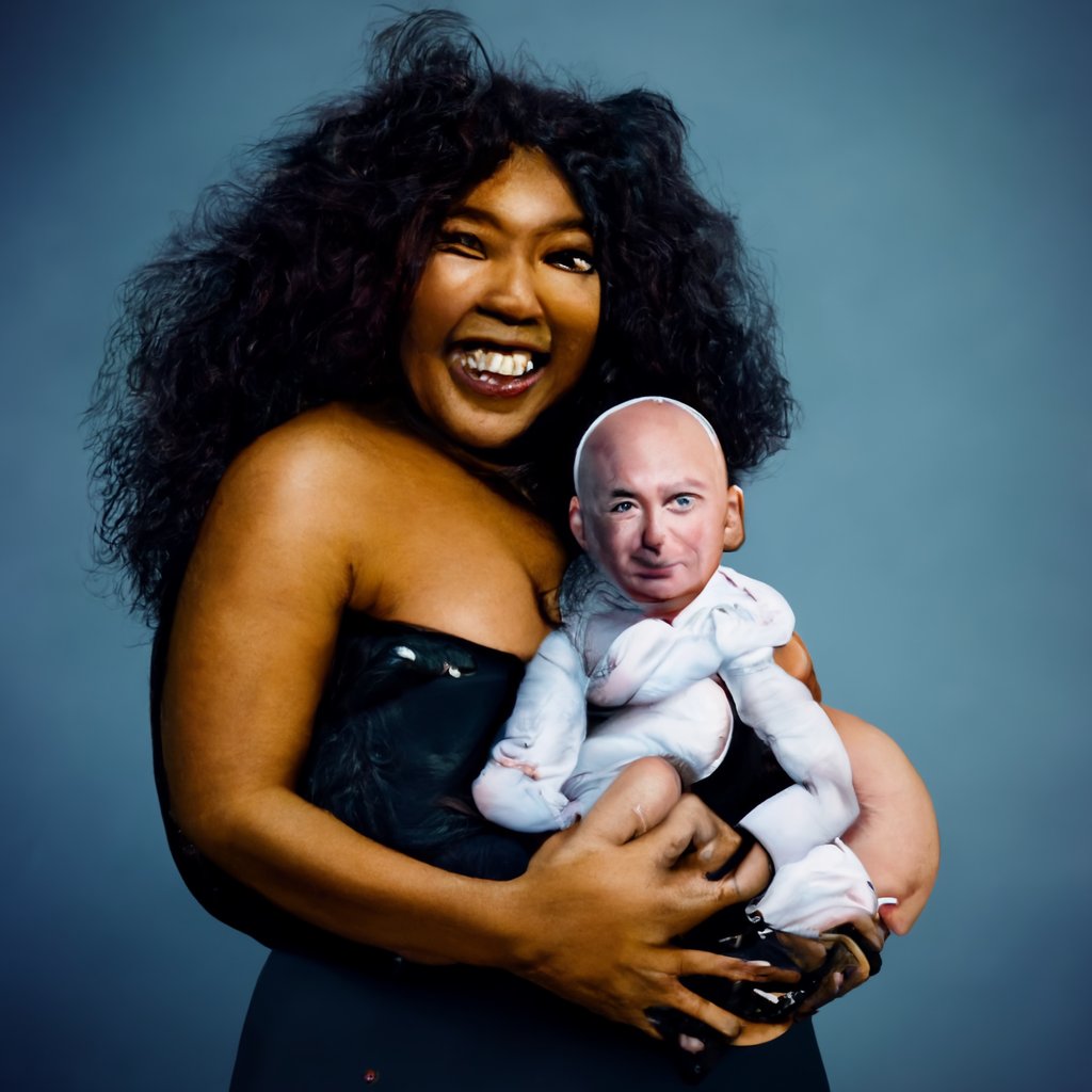 AutoLifehacker's tweet image. If this doesn&apos;t make sense to you, enjoy the next 20 minutes of googling you&apos;re going to do

Prompt: &quot;Lizzo holding baby Jeff Bezos&quot; #Lizzo #BabyBezos #LordBezos #MidJourney #AI #AIArt #GenerativeArt