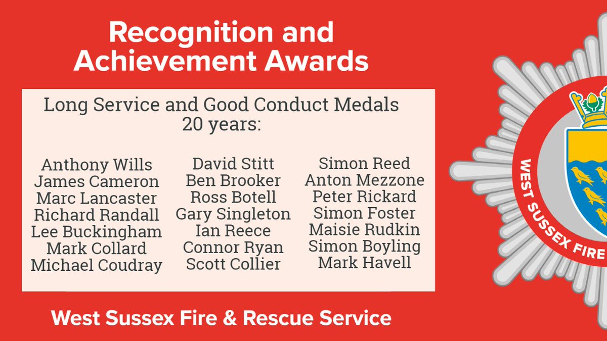 WestSussexFire's tweet photo. We begin our awards ceremony tonight with the presentation of Long Service and Good Conduct Medals for 20 years service to an incredible 21 of our staff. 🎖️

These are presented by the Lord-Lieutenant of West Sussex, Lady Emma Barnard. https://t.co/e5jd53HU2i
