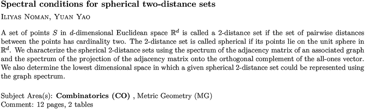 arxiv.org/abs/2211.12582…
I Noman, Y Yao
Spectral conditions for spherical two-distance sets