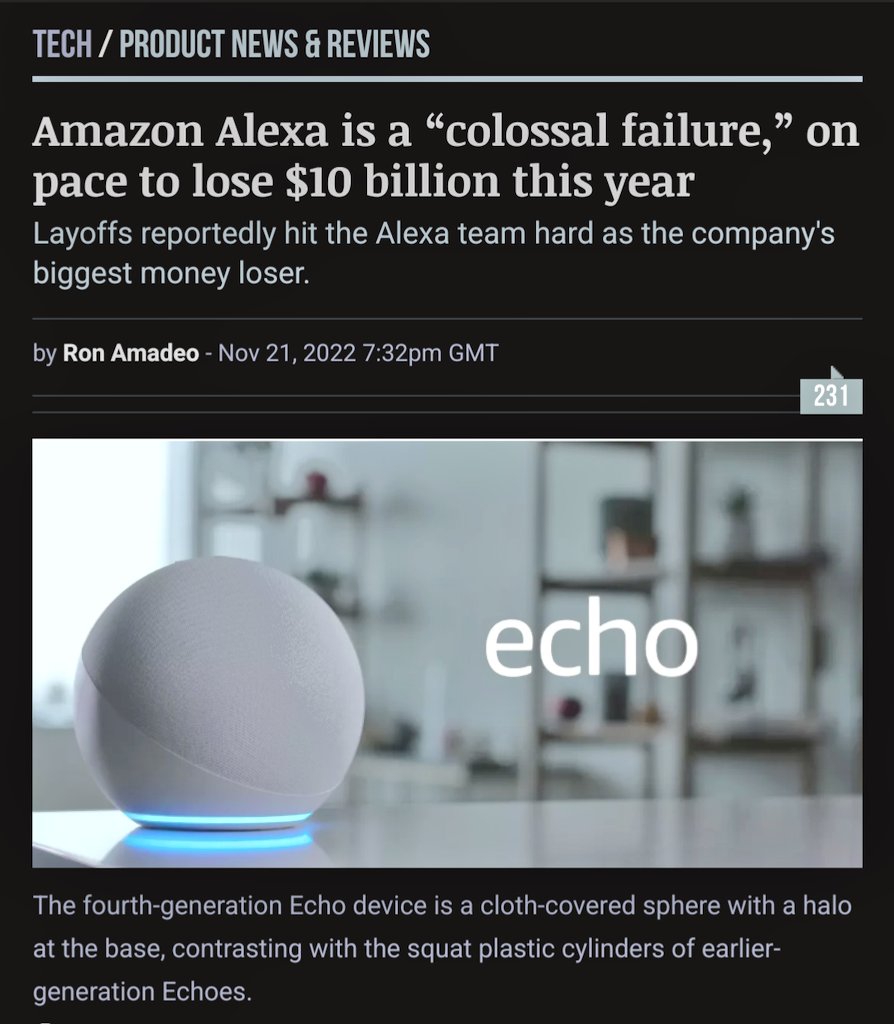 The beginning of the end of the #VoiceAssistant?

(Both <a href="/amazon/">Amazon</a> and <a href="/Google/">Google</a> struggle to #monetize simple voice commands, and <a href="/Apple/">Apple</a> charged too much...)

arstechnica.com/gadgets/2022/1…