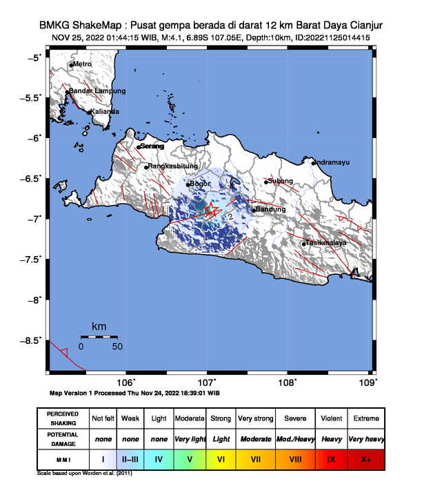 #Gempa Mag:4.1, 25-Nov-22 01:44:15 WIB, Lok:6.89 LS, 107.05 BT (Pusat gempa berada di darat 12 km Barat Daya Cianjur), Kedlmn:10 Km Dirasakan (MMI) IV Cianjur, III Sukabumi, II Bogor #BMKG