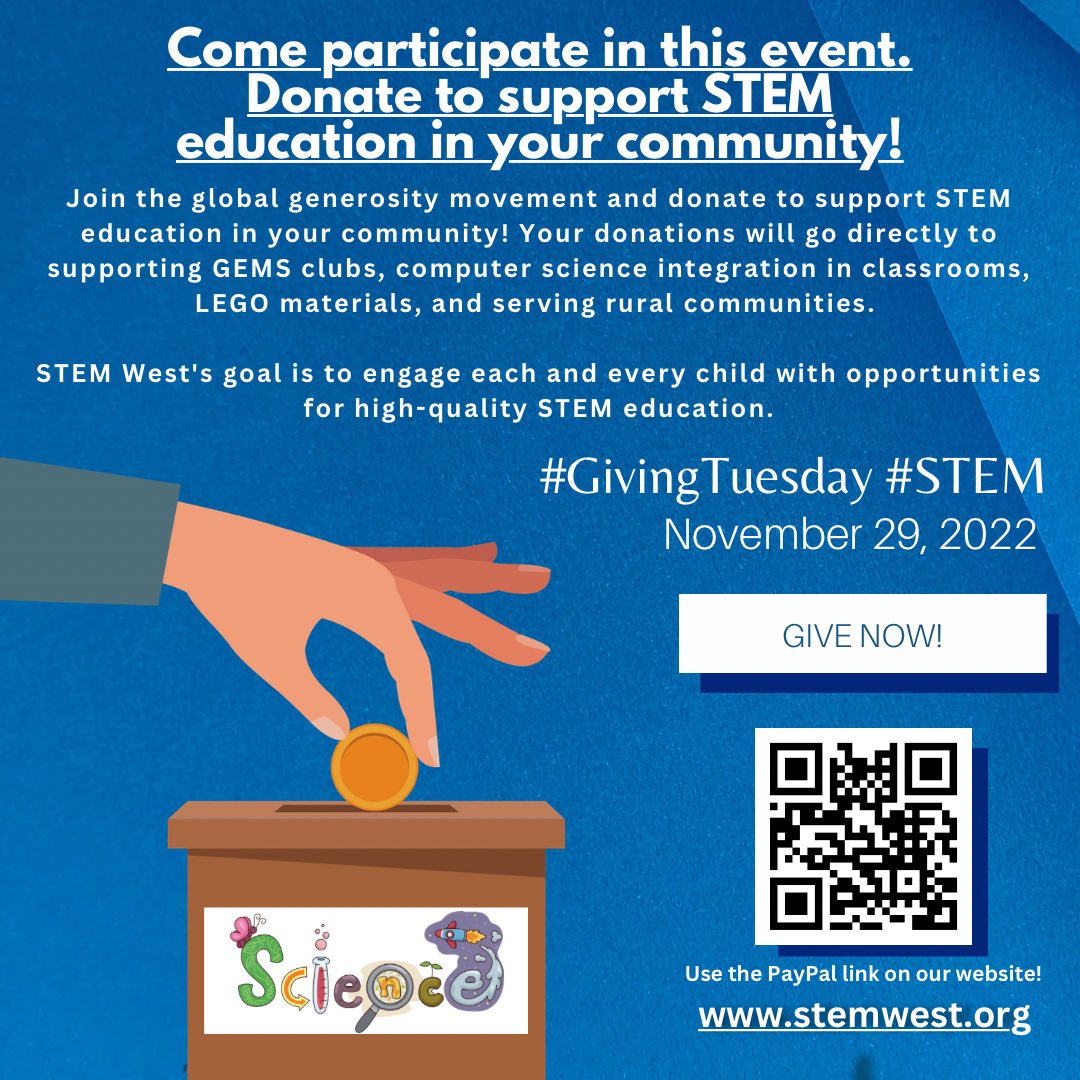 STEMWest_org's tweet photo. #GivingTuesday is coming up! Join in the spirit of giving and donate to support #STEM education!
@STEMWestorg #HappyThanksgiving

Donation Link: https://t.co/Tind11FmI7 https://t.co/QVVGEw3L1N