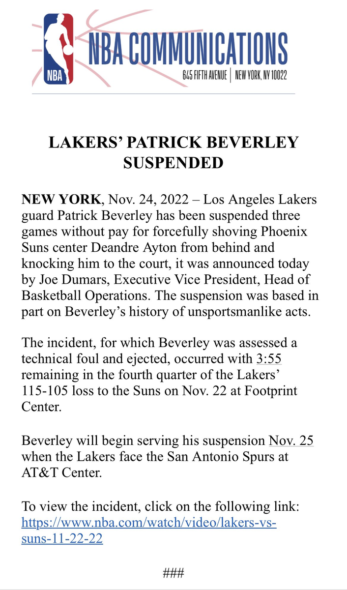 [情報] Patrick Beverley 禁賽3場