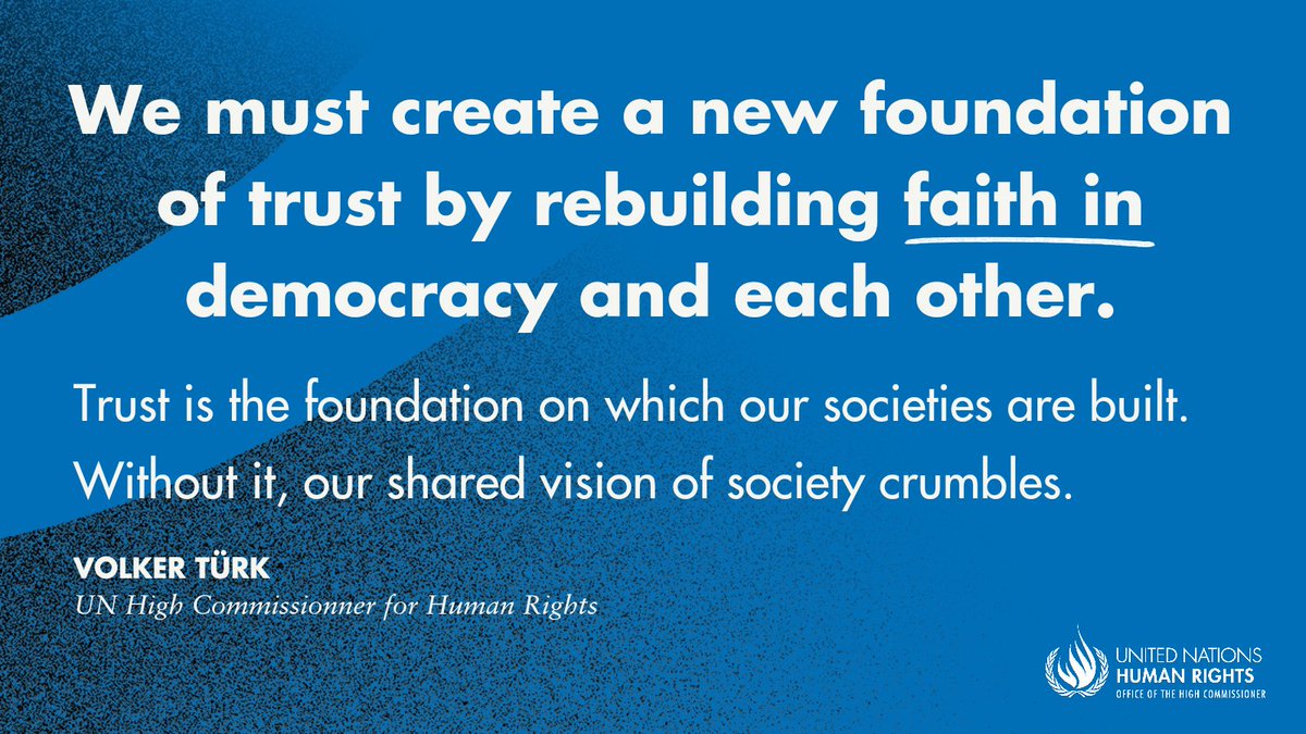 volker_turk's tweet photo. There is a growing chasm between people and the institutions that serve them. The rise in social movements &amp; protests is a clear sign of this trust crisis. Strong institutions, genuine participation and free civic space serve as scaffolding for rebuilding trust and democracy. https://t.co/sTV5C7iUDL