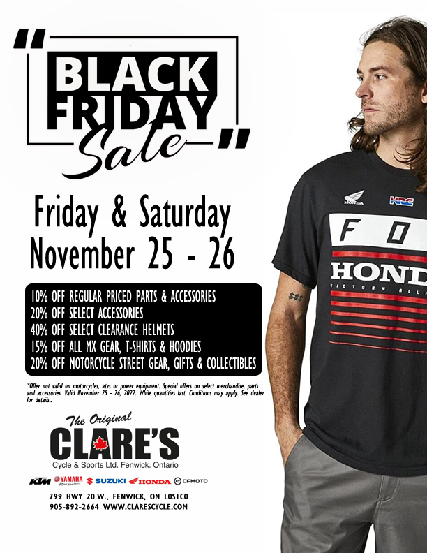 CLARES_Niagara's tweet photo. Black Friday &amp; Saturday comes to Clare's Cycle!SAVE on all your riding parts, accessories and apparel. Huge selection of helmets, footwear, gloves, gifts and collectibles. https://t.co/QRjNyMNjYr