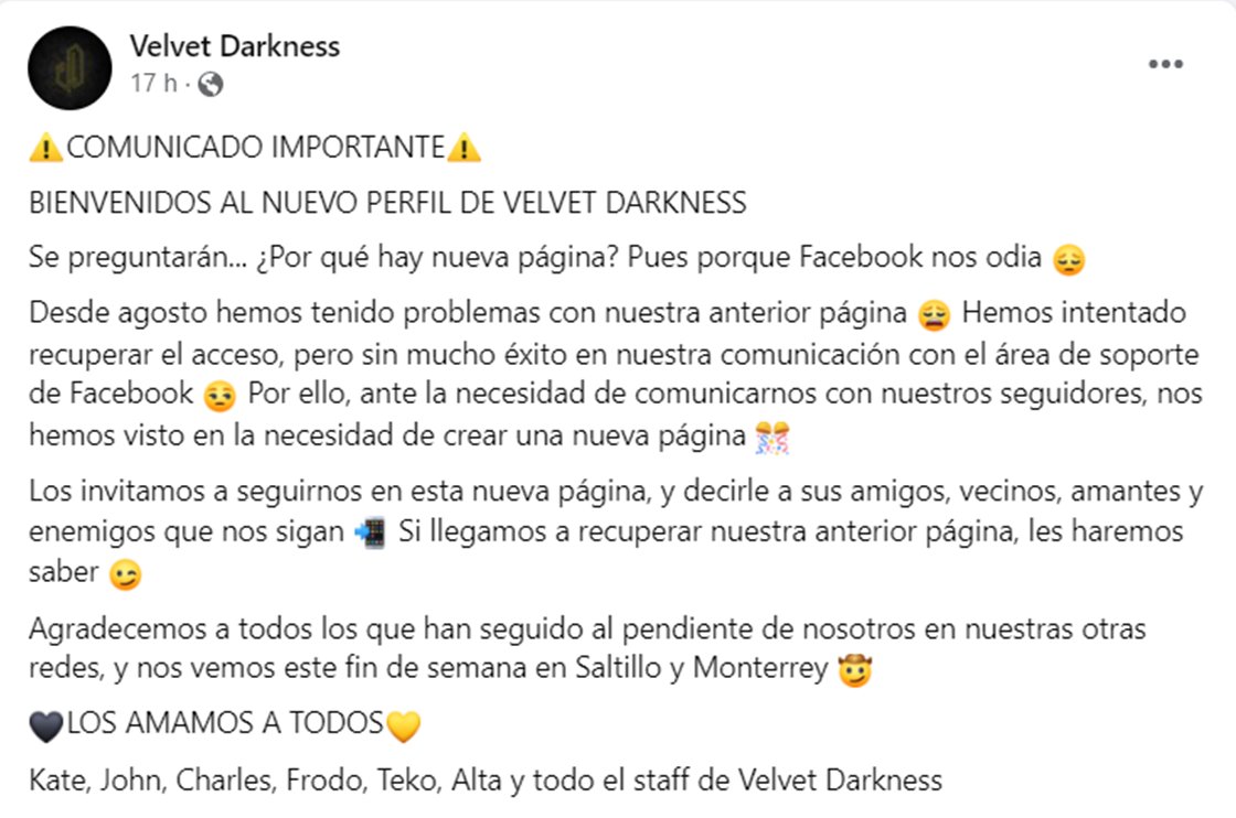 Ya tenemos nuevo perfil en Facebook. Vayan a seguirnos 👉 facebook.com/VelvetDarkness…