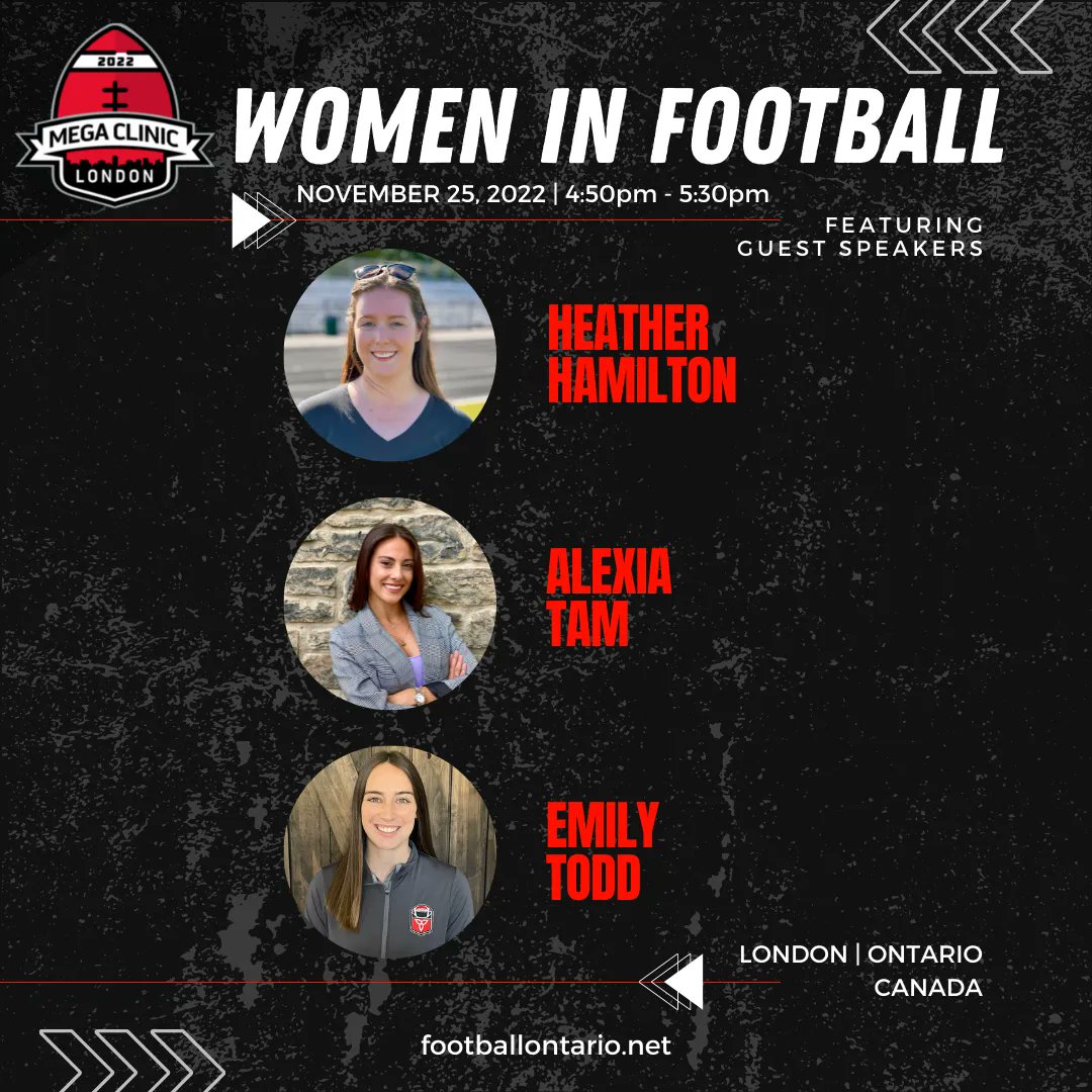 As a part of our 2022 Coaching Mega Clinic we have 3 amazing women; Heather Hamilton, Alexia Tam, and Emily Todd; doing a panel on Women in Football!

Make sure you register before it is too late!

Register: buff.ly/3fNanIm 

#WeAreFootballOntario
#FootballForALL