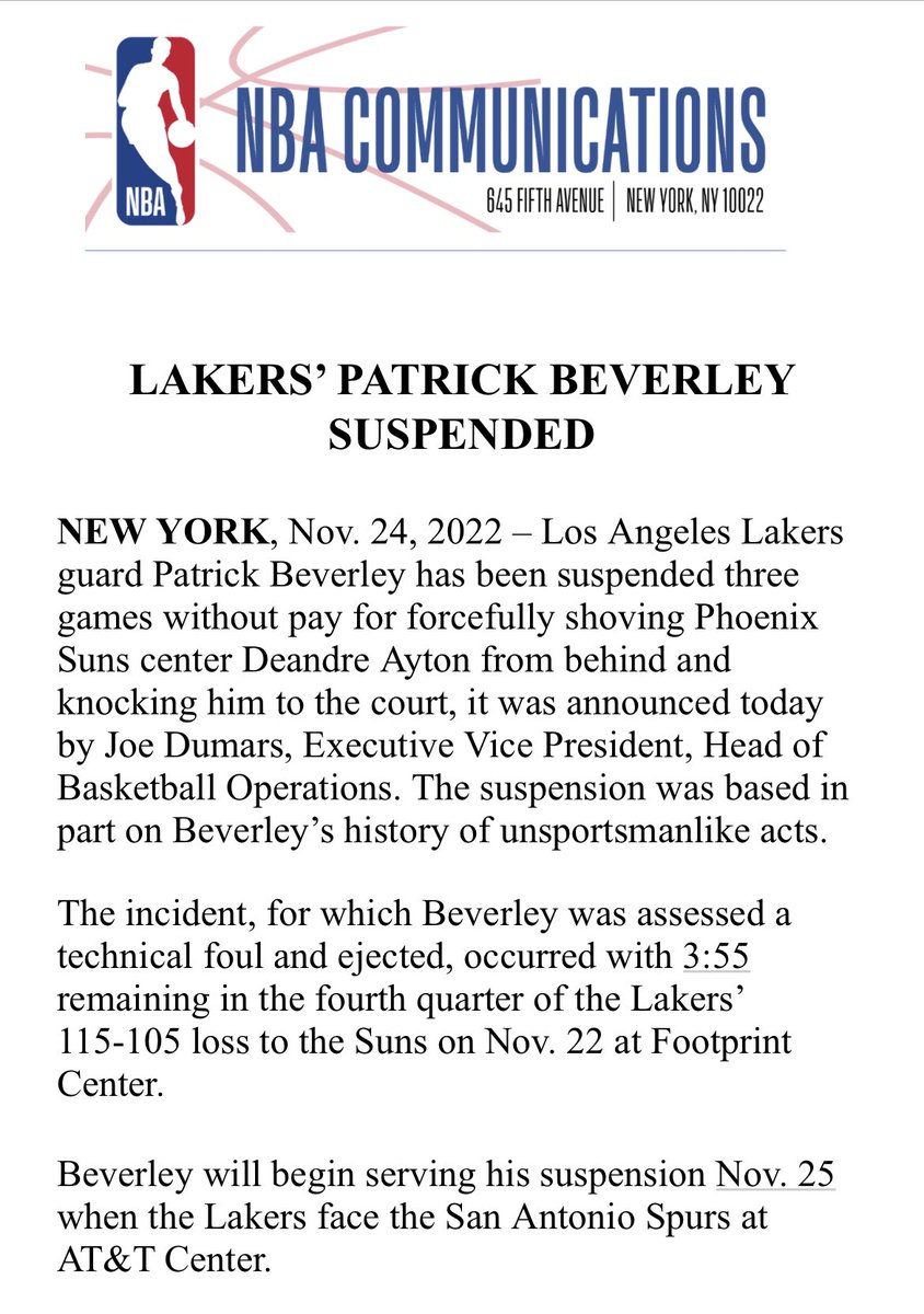 Lakers' Patrick Beverley suspended three games for shove