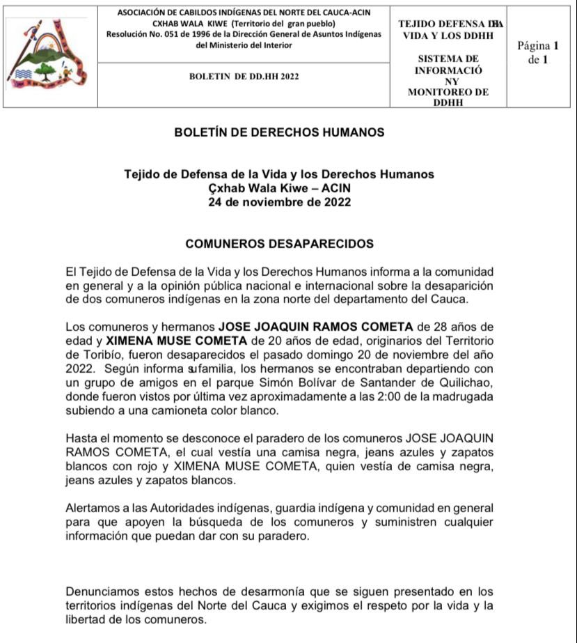 aida_quilcue's tweet photo. La guerra sigue ensañada contra nuestra juventud. Hacemos un llamado a la @FiscaliaCol ante la violencia que sigue generando desarmonía en los territorios indígenas  del Cauca y exigimos el respeto por la vida y la libertad de los comuneros. https://t.co/K0CW0t9zeh