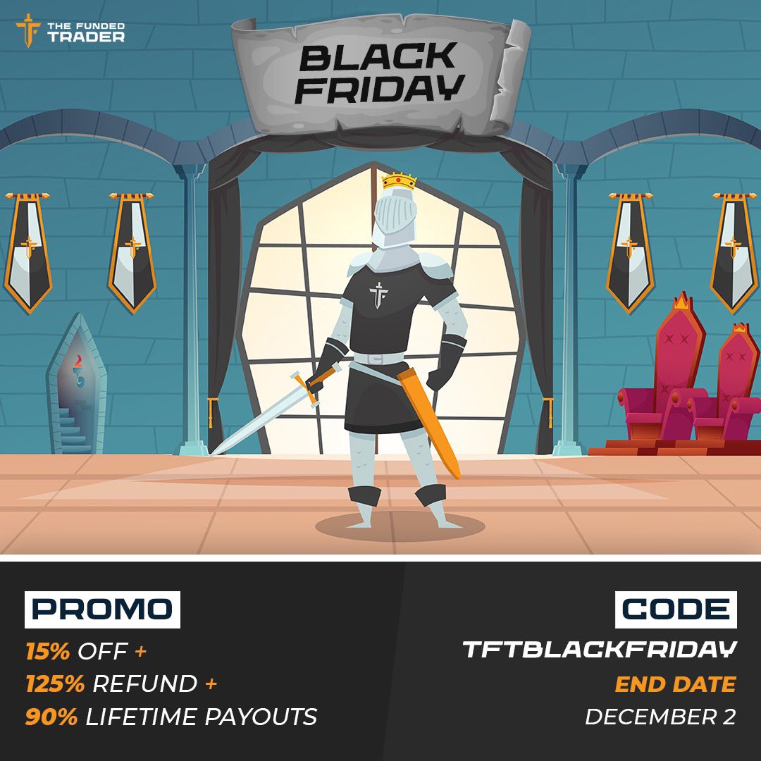 The Black Friday promotion is now live! 

We're offering 15% off + 125% refund + 90% Lifetime Profits. 

End Date: December 2nd
Code: TFTBlackfriday

Enjoy the Holidays! 

thefundedtraderprogram.com/?sl=TFTwitter